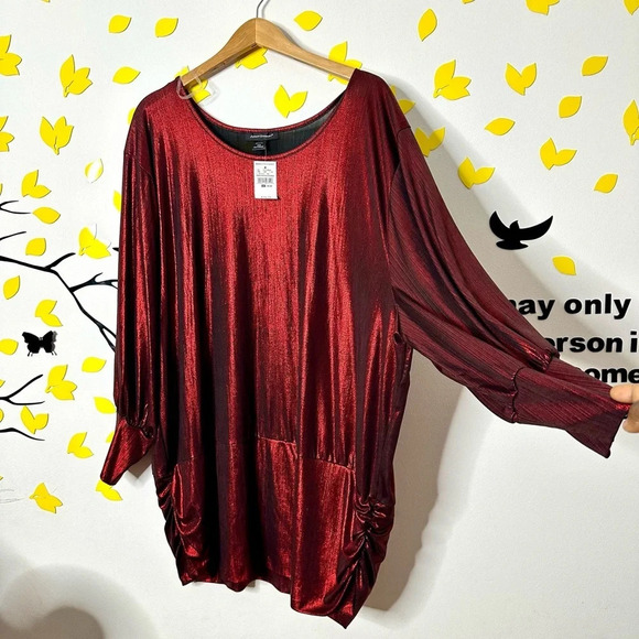 Ashley Stewart Shimmery Wine Ruched Long Sleeve Blouse‎ Size 26/28 - Picture 9 of 9